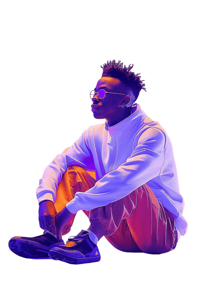 A man sits wearing sunglasses, a white shirt, and orange pants, illuminated by purple light.