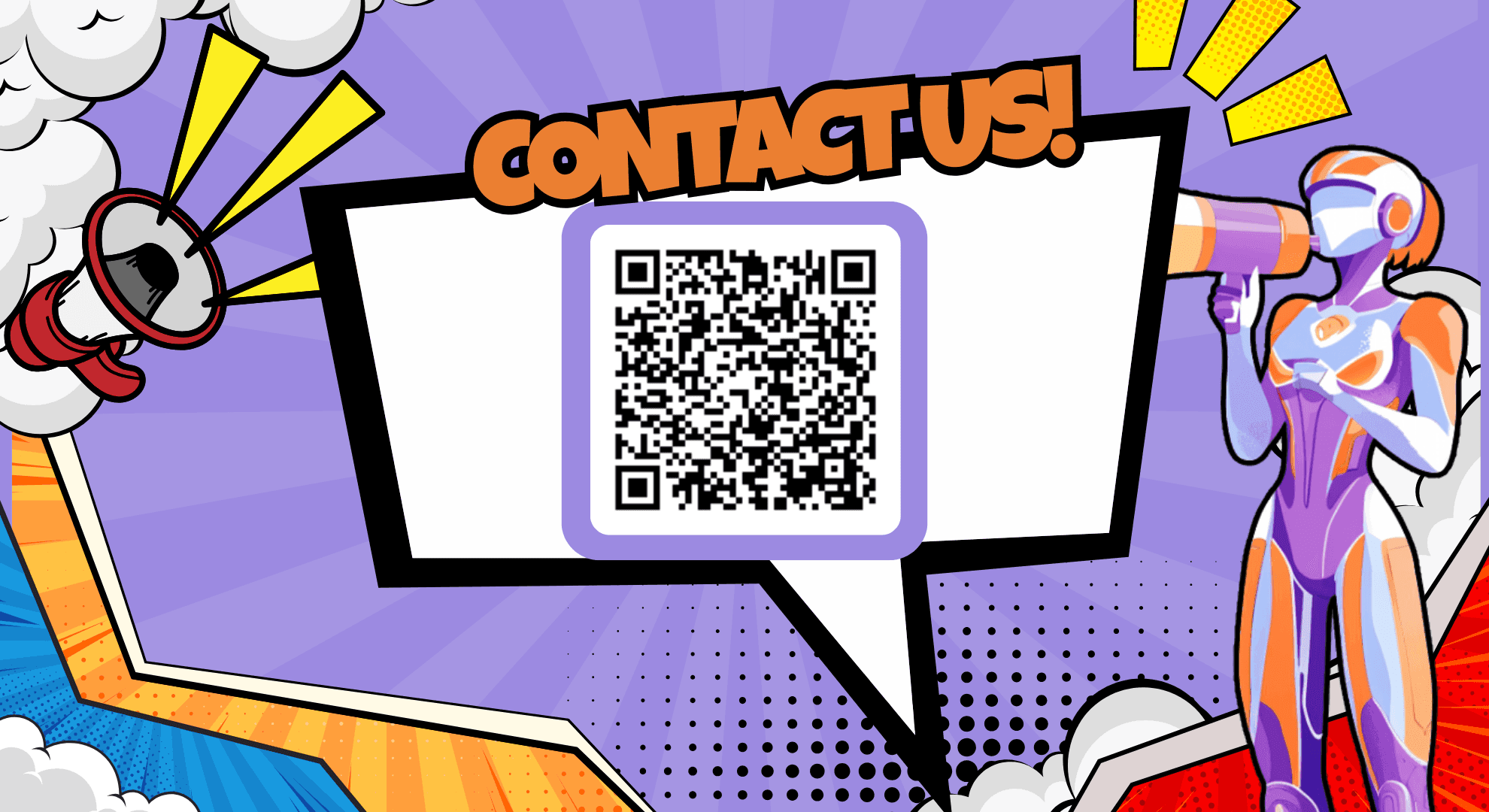 Comic-style 'Contact Us!' banner featuring a central QR code and figures with megaphones.