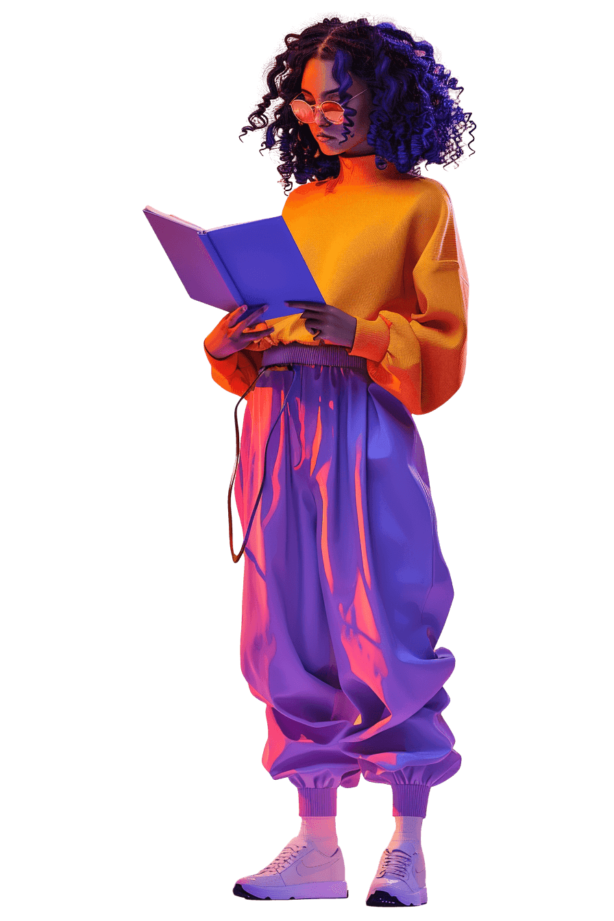 Young woman with curly hair and glasses reading a book under vibrant lighting.