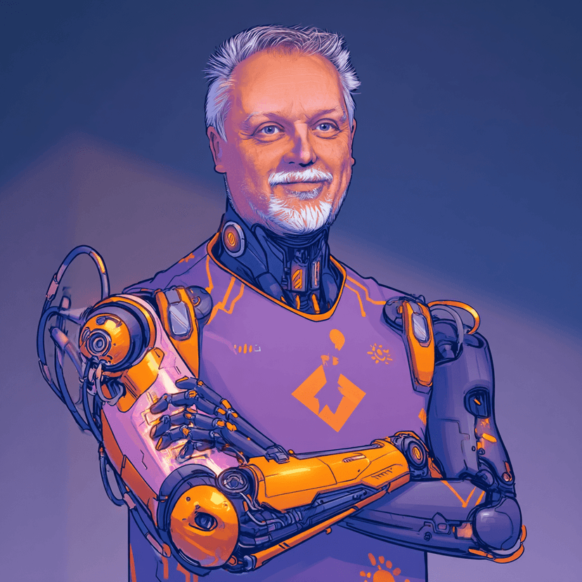 A man with a gray beard and robotic arms wearing a purple and orange tech shirt.