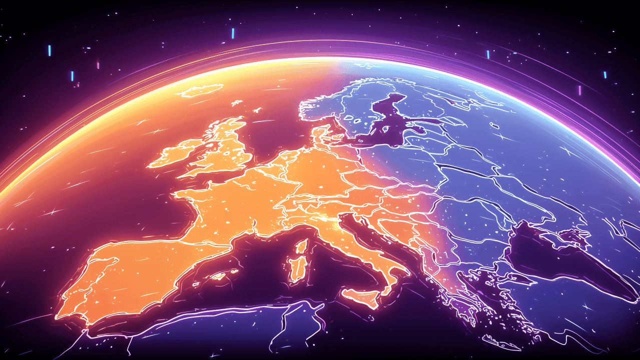Stylized digital map of Europe and Africa with a glowing orange and blue divide.