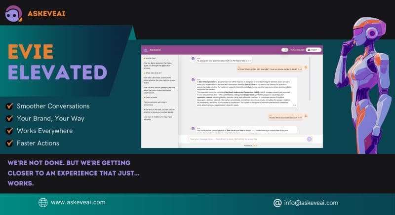 Evie Elevated light theme chat interface promoting smoother conversations and actions.