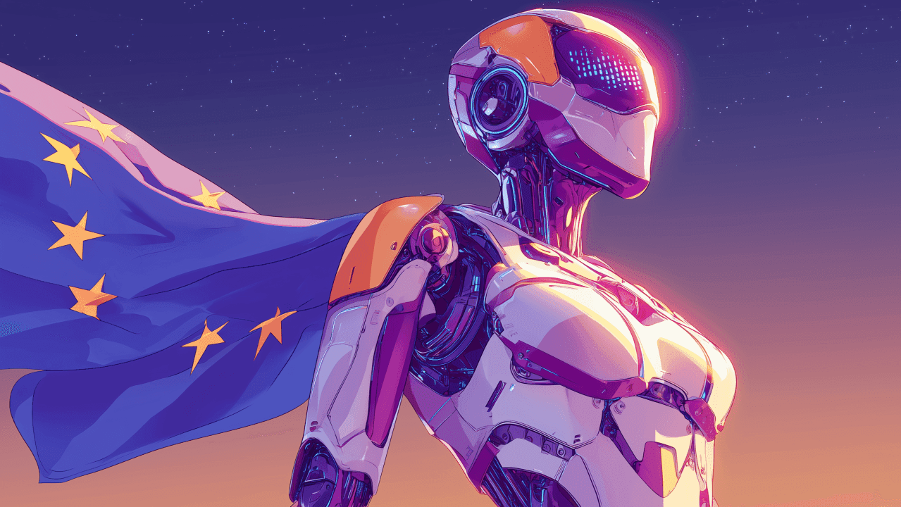 A futuristic humanoid robot with an EU flag cape stands against a starry twilight sky.