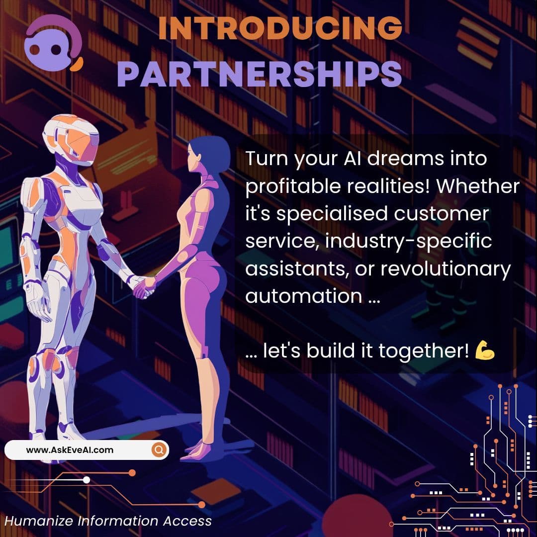 Robot and human-like figures shaking hands with text 'Introducing Partnerships'.