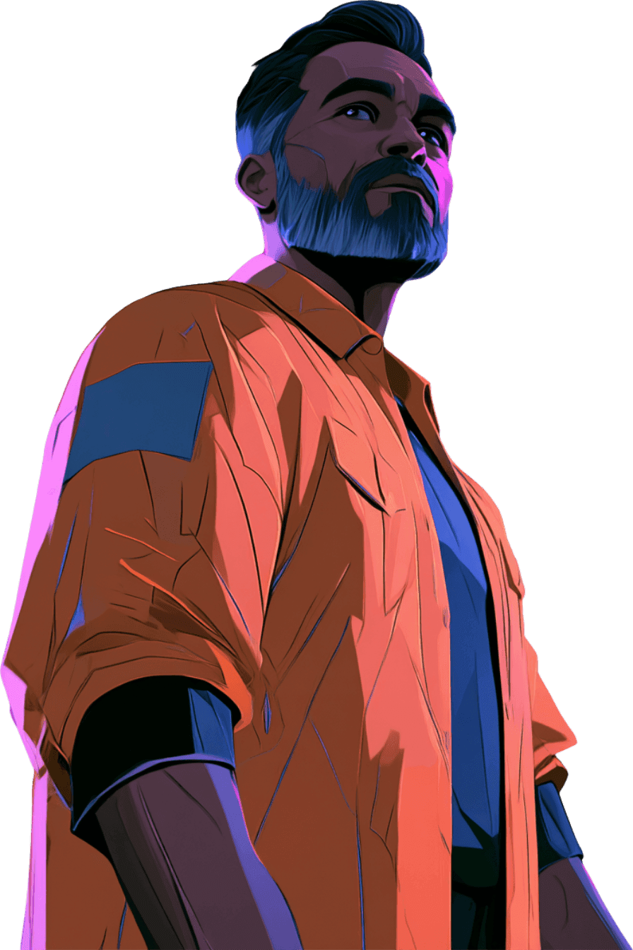 Illustrated man with beard in orange shirt looking up, illuminated by colorful light.
