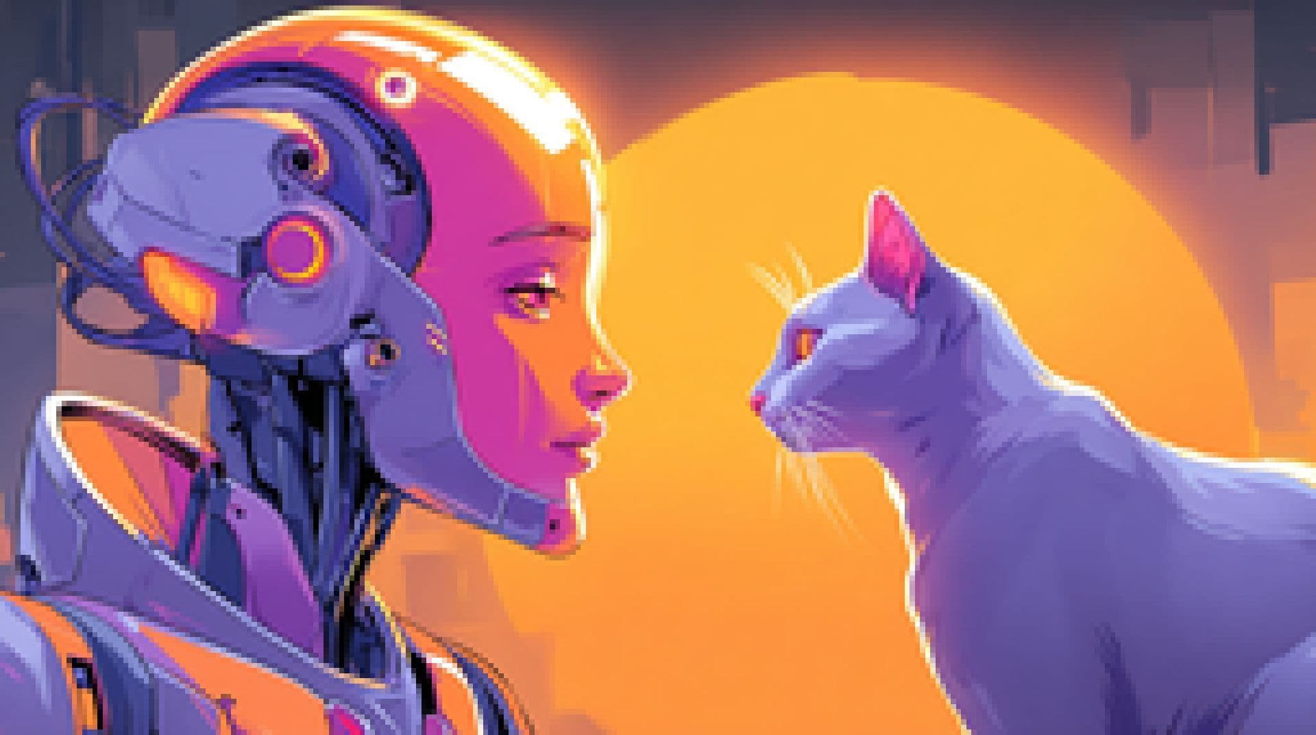 A robot with a futuristic headpiece gazes at a purple cat against an orange sunset.
