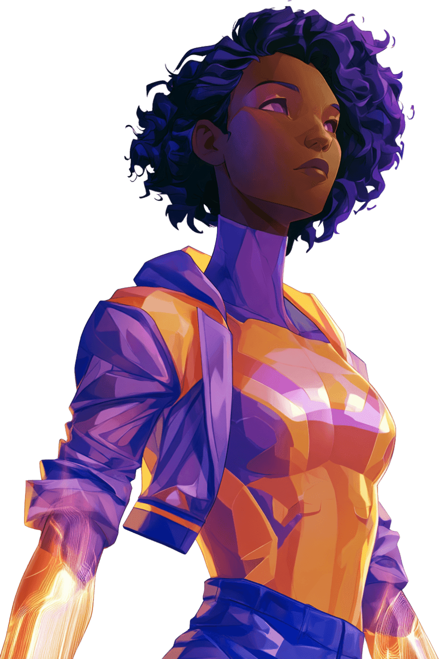 A determined woman with curly hair wears a glowing purple jacket and orange top.