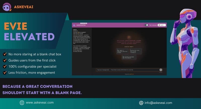Evie Elevated pre-filled chat box, eliminating blank starts to conversations.