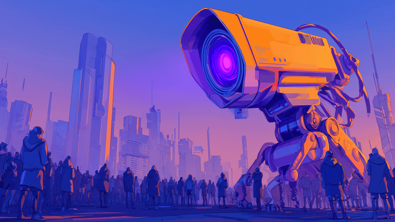 Giant yellow surveillance camera with glowing purple lens monitors a crowd in a futuristic city.