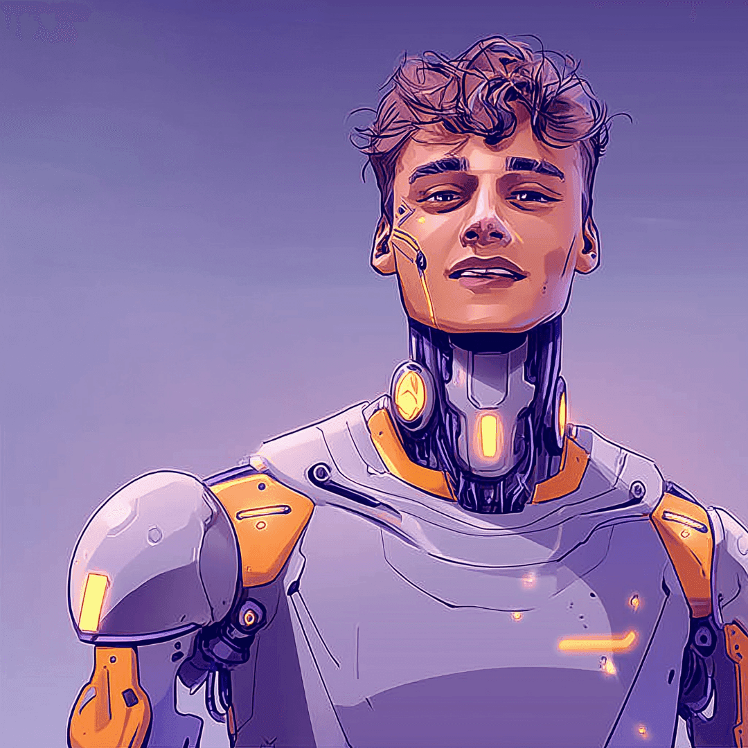 Young man with curly hair and robotic body parts smiles against a light background.