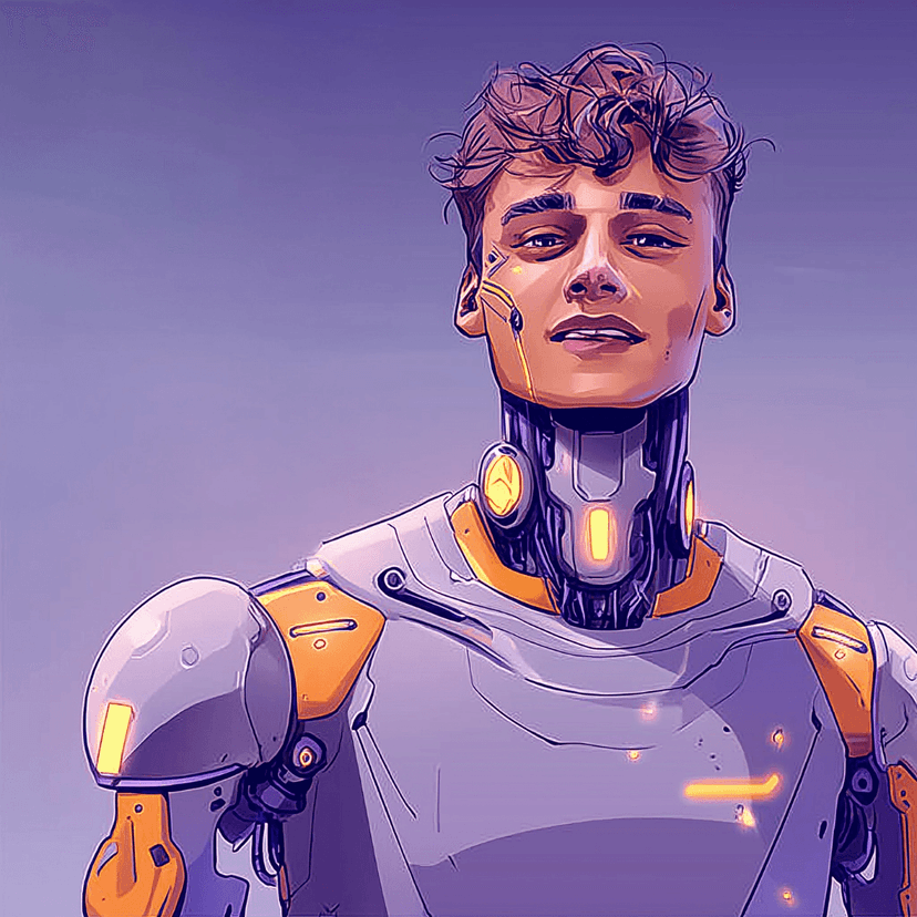 Young man with curly hair and robotic body parts smiles against a light background.